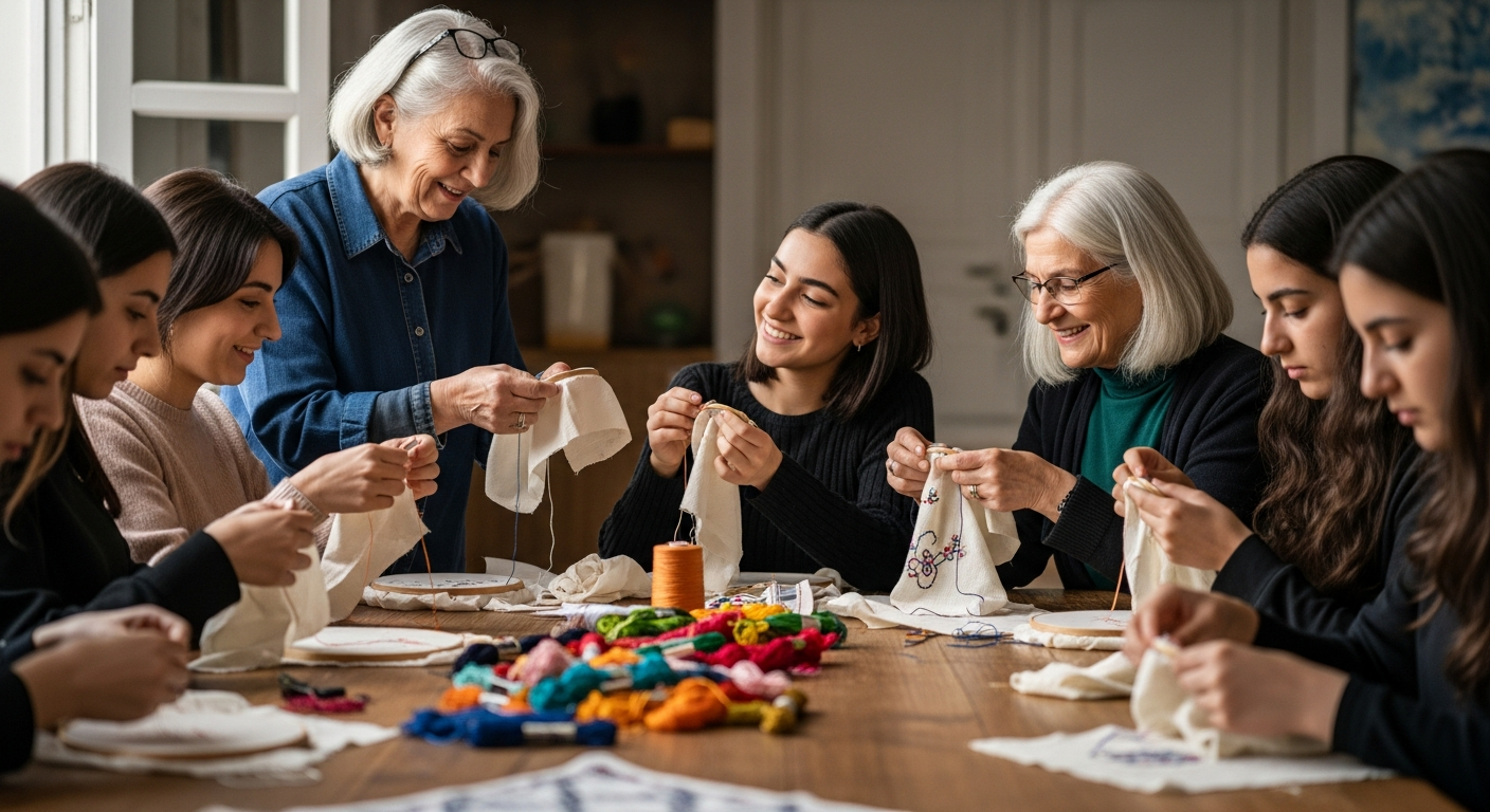Workshop participants stitching together
