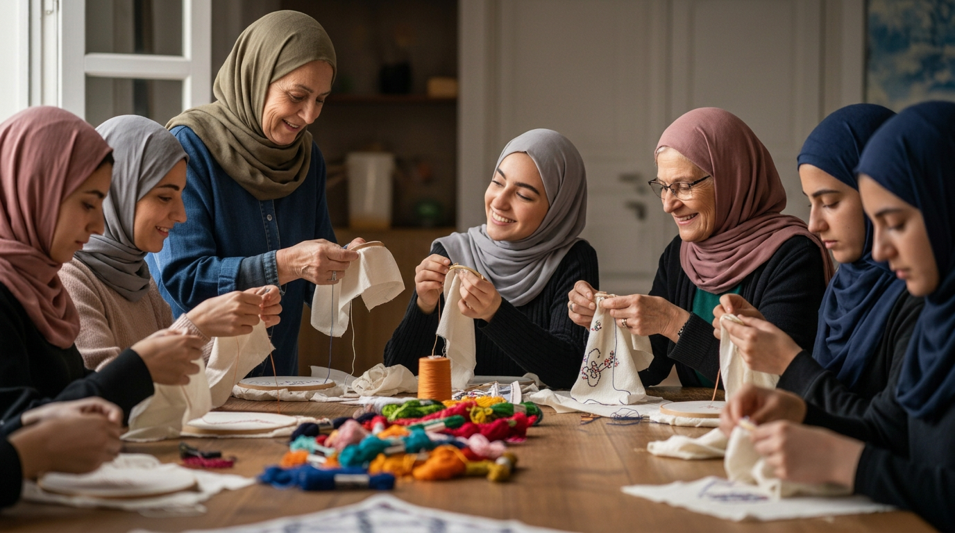 Workshop participants stitching together